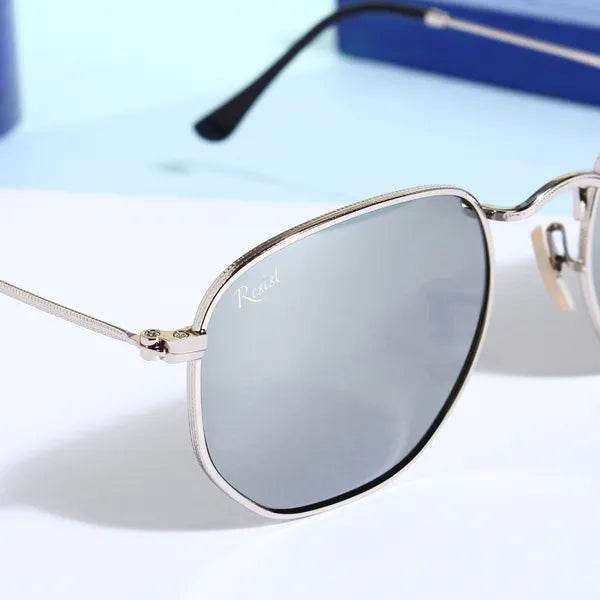 Sunglass Lover silver square sunglasses for men hexagonal silver metal frame gray mirrored lenses
