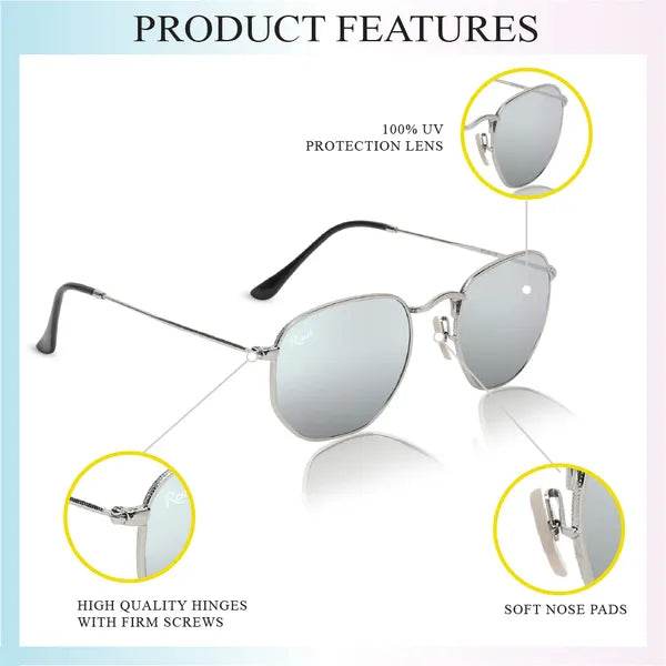 Sunglass Lover hexagonal silver mirrored sunglasses with UV protection and soft nose pads silver square sunglasses for men