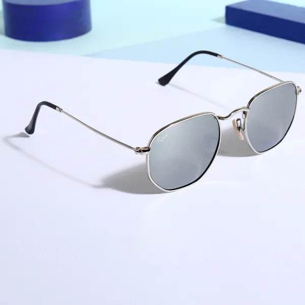 Sunglass Lover hexagonal silver framed mirrored lenses silver square sunglasses for men with thin black temple tips