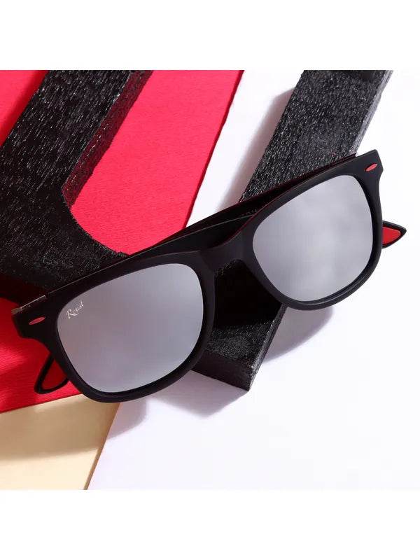 Sunglass Lover silver wayfarer sunglasses with black matte frame mirrored lenses and red accents