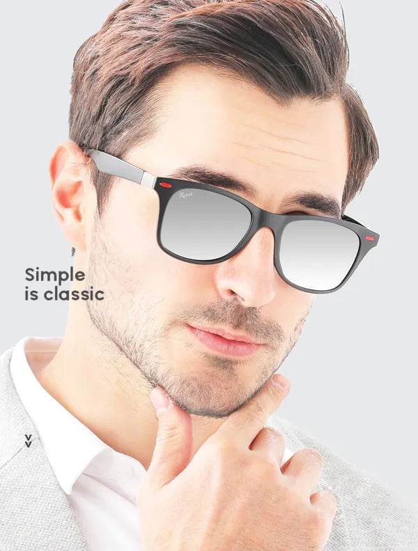 Man wearing Sunglass Lover silver wayfarer sunglasses with mirrored gradient lenses and silver metal temples touching chin