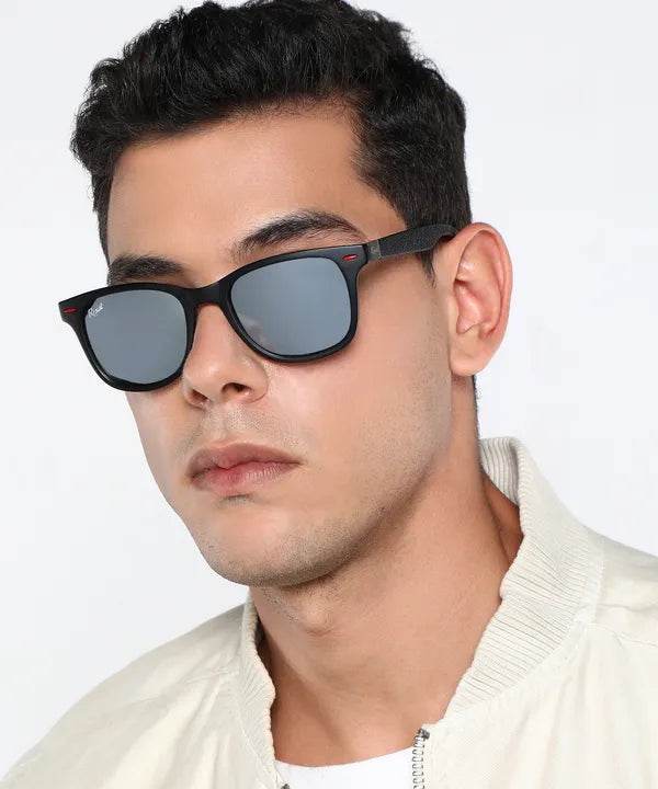 Sunglass Lover silver wayfarer sunglasses with black frame and mirrored lenses on male model