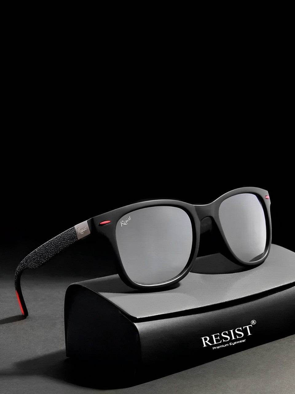 Sunglass Lover silver wayfarer sunglasses with mirrored lenses black frame textured temples on display box