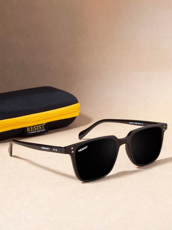 Sunglass Lover small black rectangle sunglasses with matte frame and dark lenses beside black and yellow case