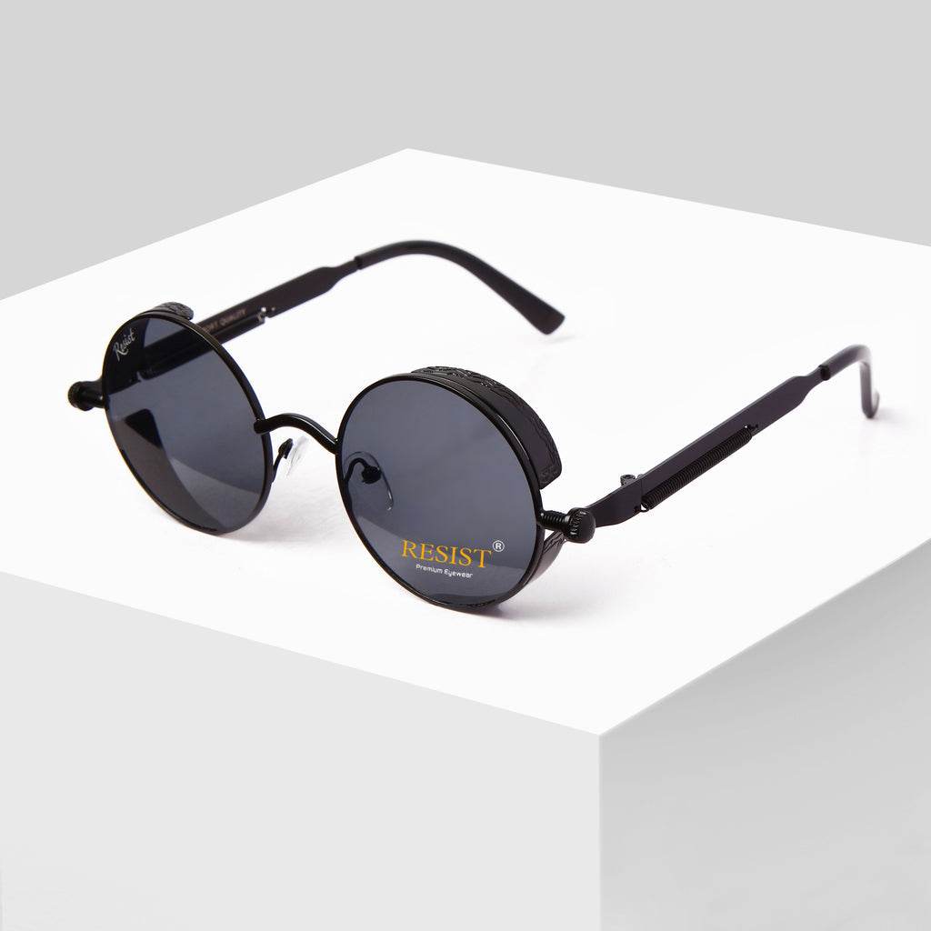 Sunglass Lover black metal steampunk round sunglasses for men with dark round lenses and side shields