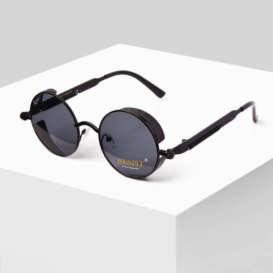 Sunglass Lover black metal steampunk round sunglasses for men with dark round lenses and side shields