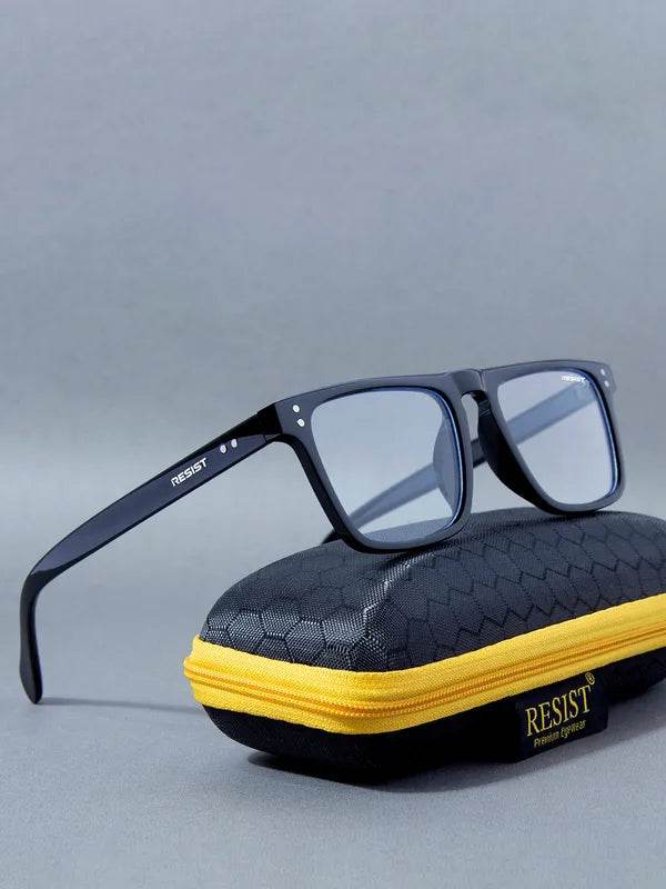Sunglass Lover Antiblue Steven Black eyeglass frames resting on black zip case and rectangular blue light lenses