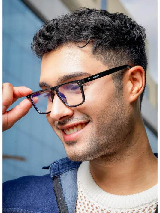 Smiling man wearing Steven Black eyeglass frames antiblue glasses adjusting frame Sunglass Lover product