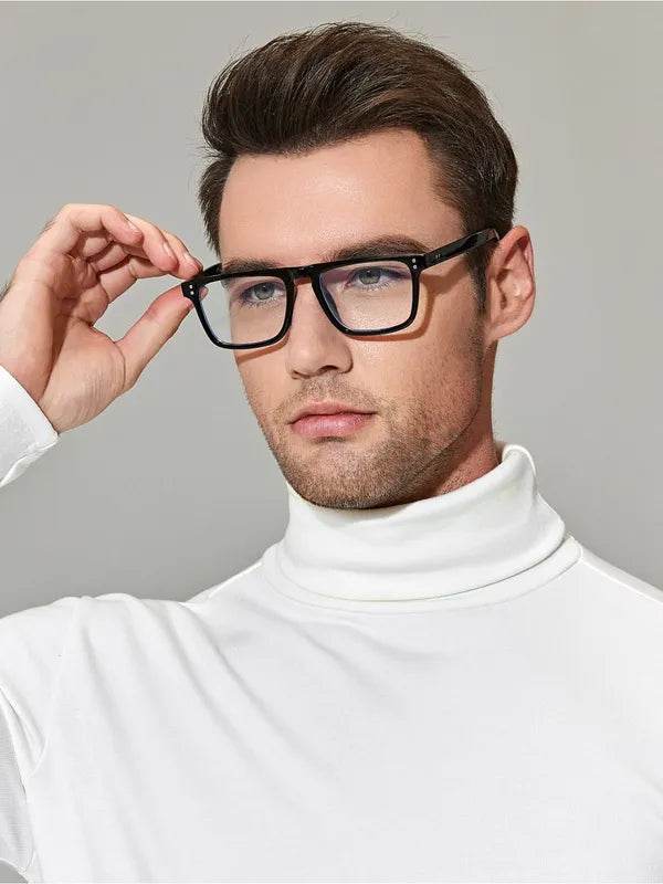Male model wearing Steven Black eyeglass frames antiblue glasses by Sunglass Lover in black rectangular frames