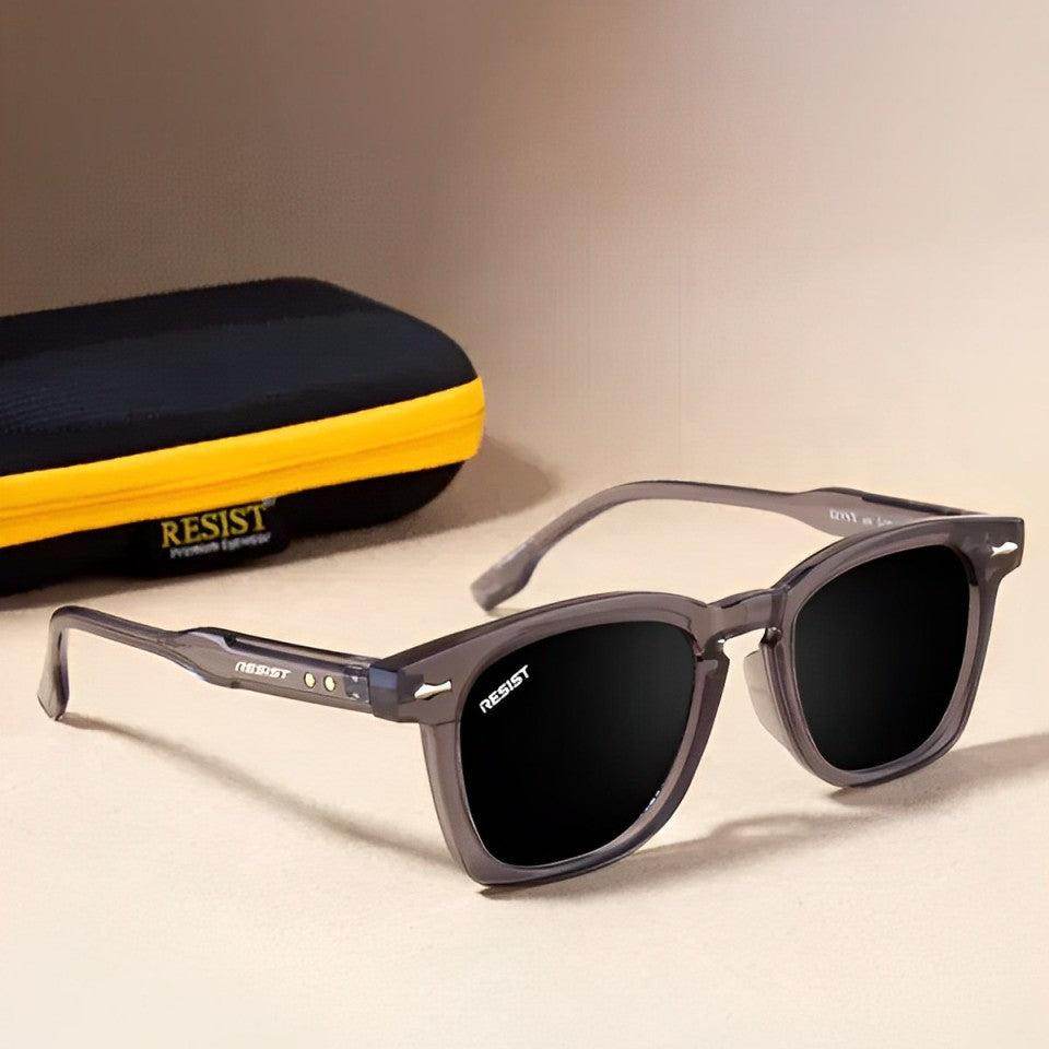 Sunglass Lover square frame storm grey black sunglasses with matte grey frame polarized black lenses and protective case