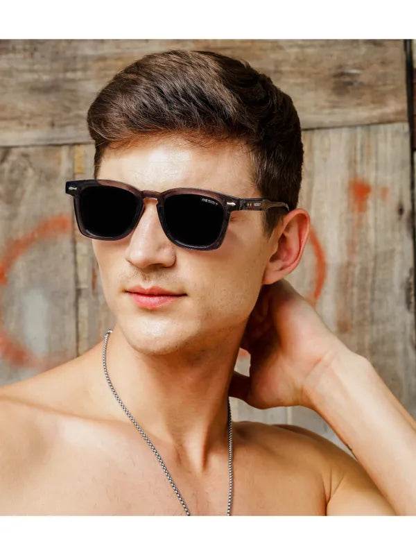 Sunglass Lover square sunglasses on male model wearing storm grey black sunglasses with matte frame for casual look