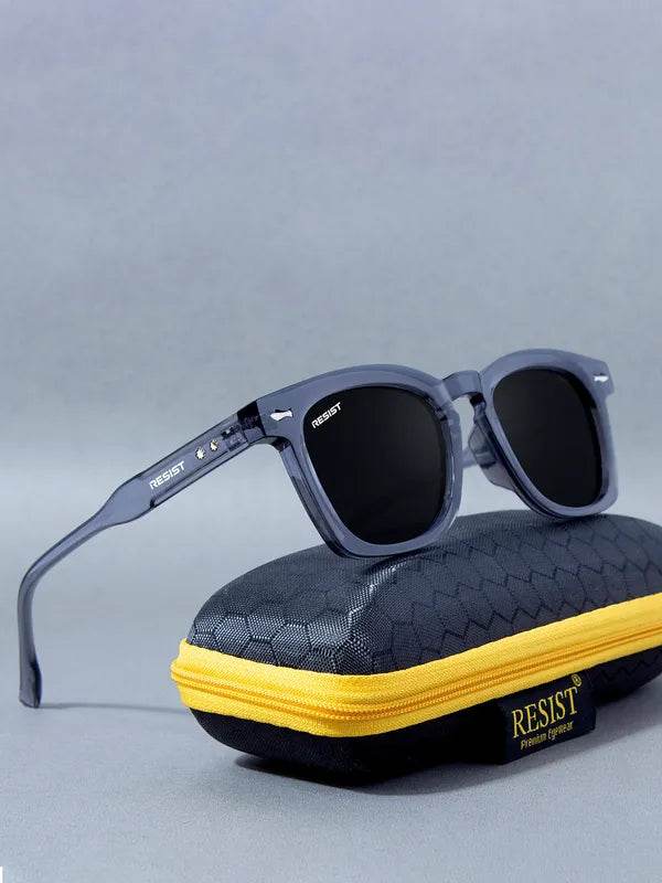 Sunglass Lover square sunglasses in storm grey black sunglasses with dark lenses resting on yellow zip case