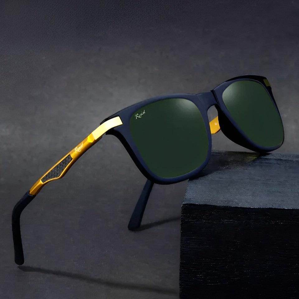 Sunglass Lover unisex wayfarer green sunglasses with matte black frame and gold metal temples