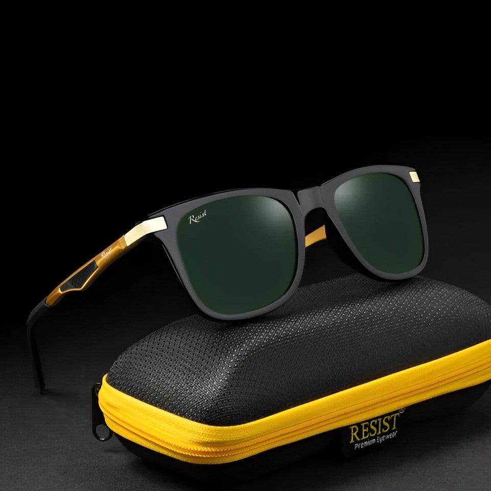 Sunglass Lover unisex wayfarer green sunglasses with matte black frame and gold temples on yellow zip case