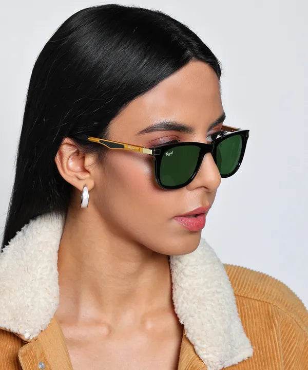Sunglass Lover unisex wayfarer green sunglasses with black frame and gold temples on model