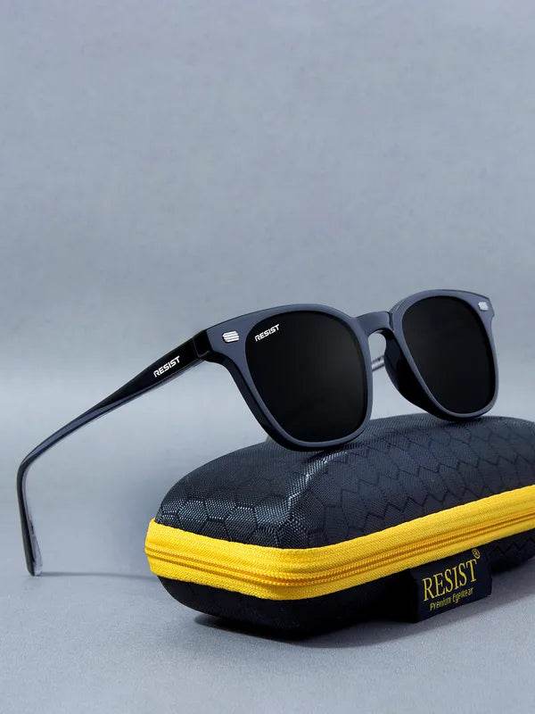 Sunglass Lover black UV protected square sunglasses on hex textured black case with yellow zipper
