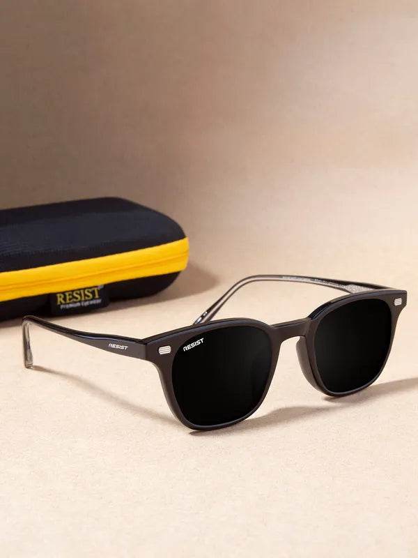 Sunglass Lover black frame UV protected square sunglasses with dark lenses and yellow zip case