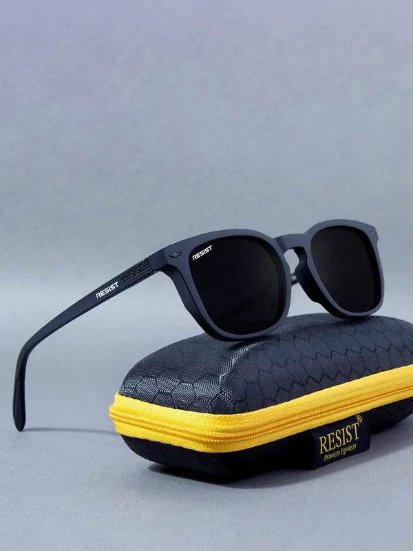 Sunglass Lover black wayfarer sunglasses on black case with yellow zipper UV protected wayfarer sunglasses