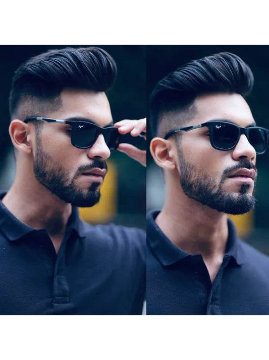 Sunglass Lover black wayfarer sunglasses for men worn by bearded model in casual polo for everyday wear