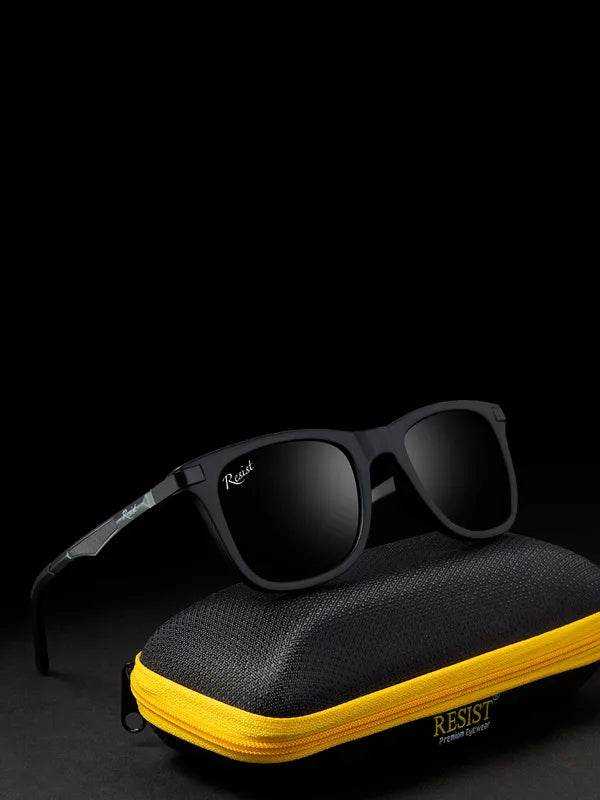 Sunglass Lover black wayfarer sunglasses for men with matte frame and dark lenses on textured case with yellow zipper