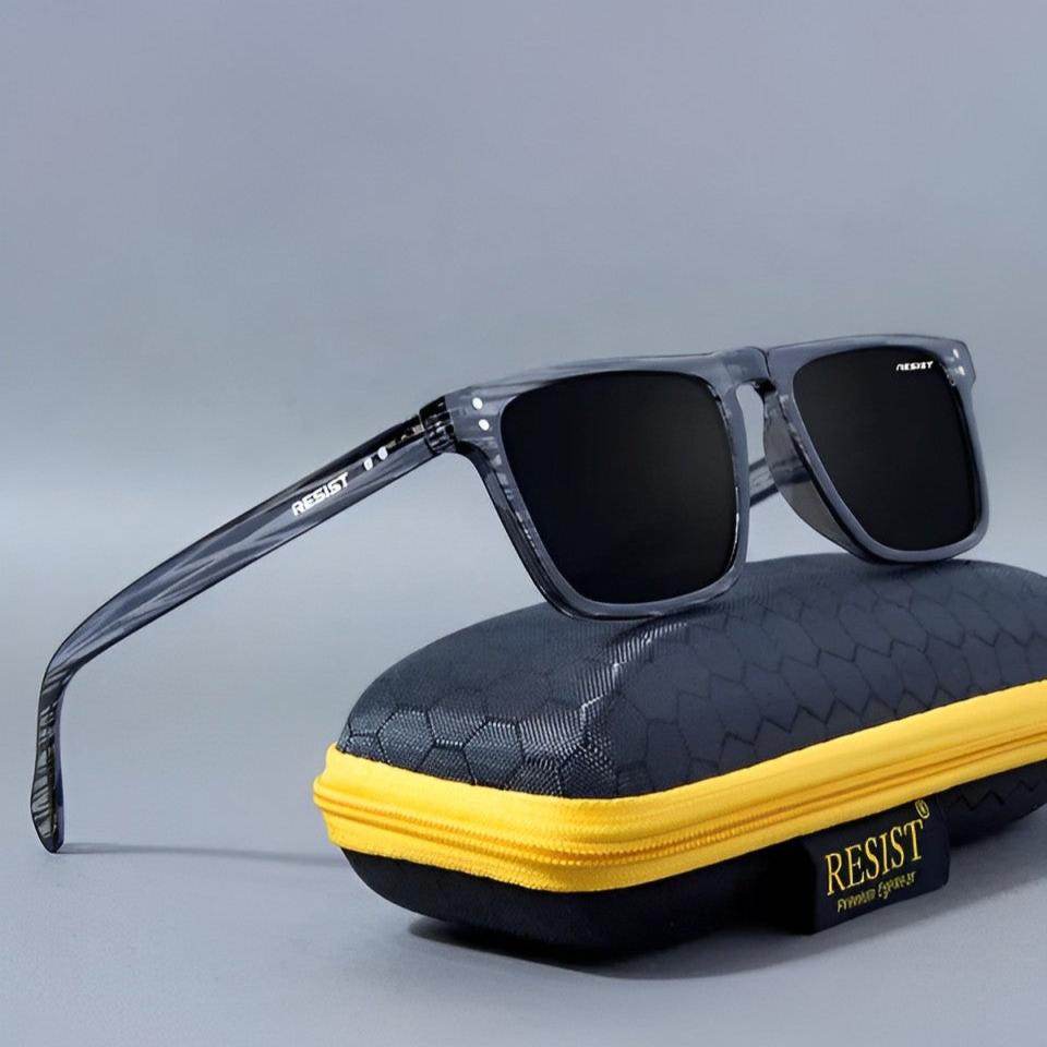 Sunglass Lover gray translucent square sunglasses with black lenses on yellow zippered case wayfarer sunglasses for men