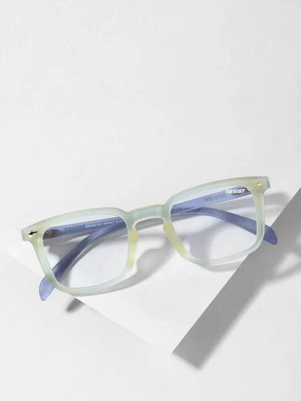 Sunglass Lover yellow clear eyeglass frames translucent square acetate with blue temples on white background