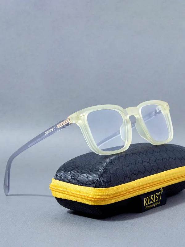 Sunglass Lover yellow clear eyeglass frames translucent square acetate glasses with gray temples on black zip case
