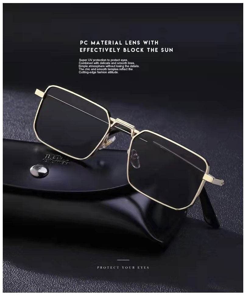 Sunglass Lover vintage rectangle sunglasses for men gold metal frame with dark lenses and adjustable nose pads