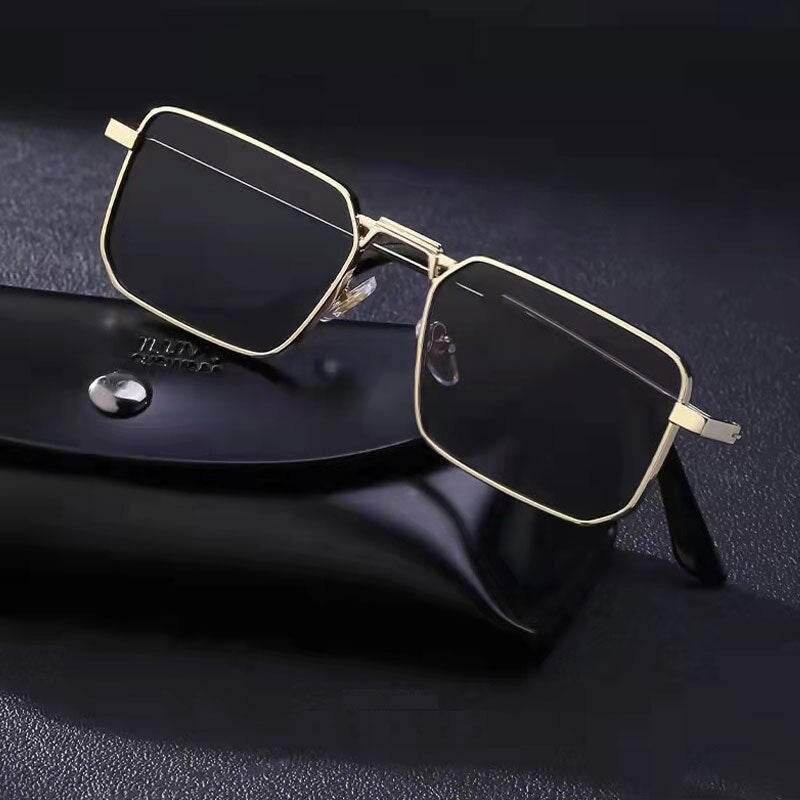 Sunglass Lover gold metal vintage rectangle sunglasses for men with black lenses and adjustable nose pads