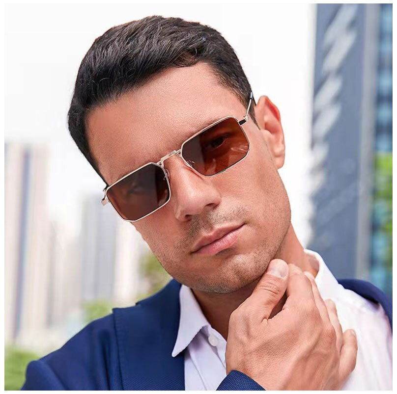 Sunglass Lover vintage rectangle sunglasses for men gold metal frame brown lenses on male model in city