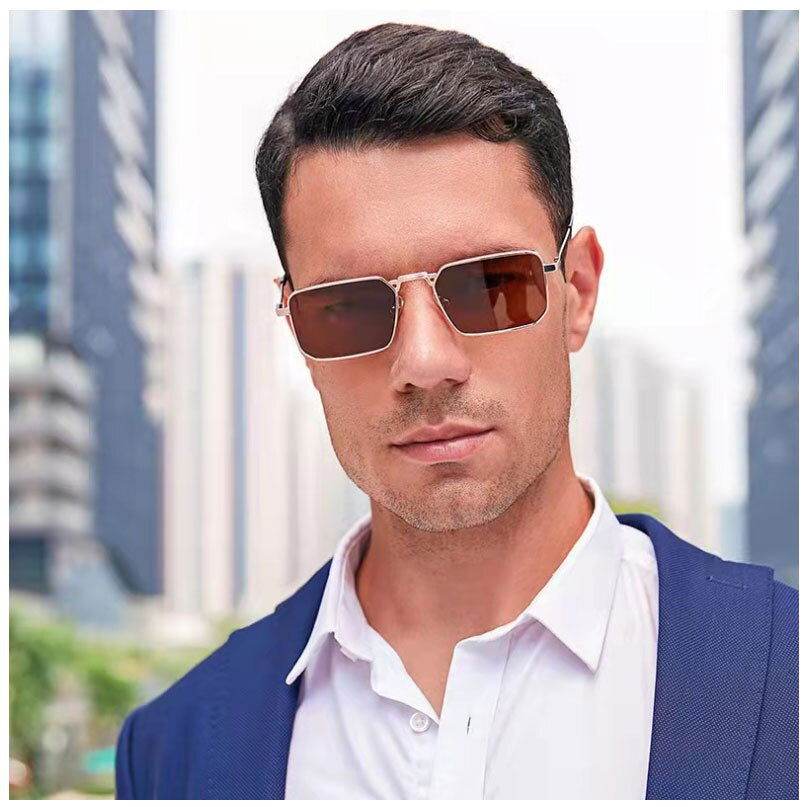 Sunglass Lover model wearing vintage rectangle sunglasses for men gold metal frame brown lenses