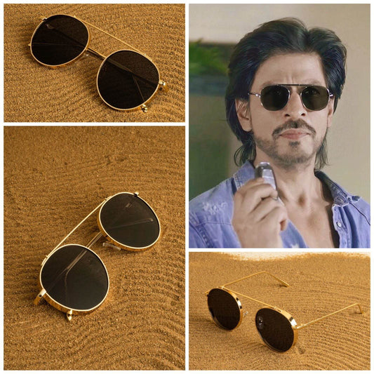Sunglass Lover gold round metal sunglasses with dark lenses shown in collage and a man wearing them Jawan inspired sunglasses