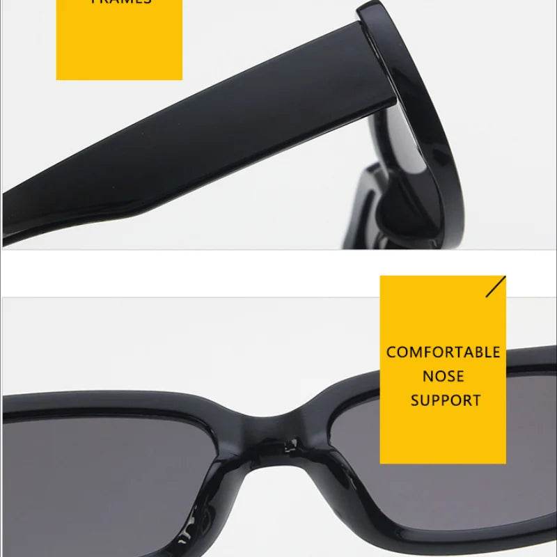 Jimmy Rectangle sunglasses black glossy frame close up showing sturdy temples and comfortable nose support