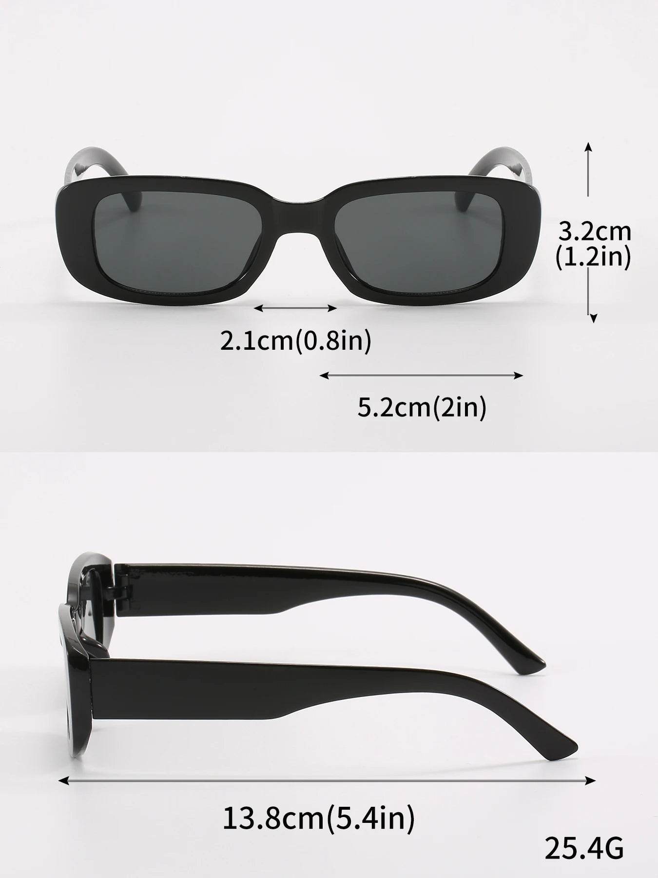 Sunglass Lover Jimmy Rectangle sunglasses in black shown front and side with dimensions and weight