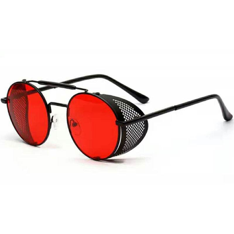 Sunglass Lover vintage round sunglasses for women with red lenses black metal frame and mesh side shields
