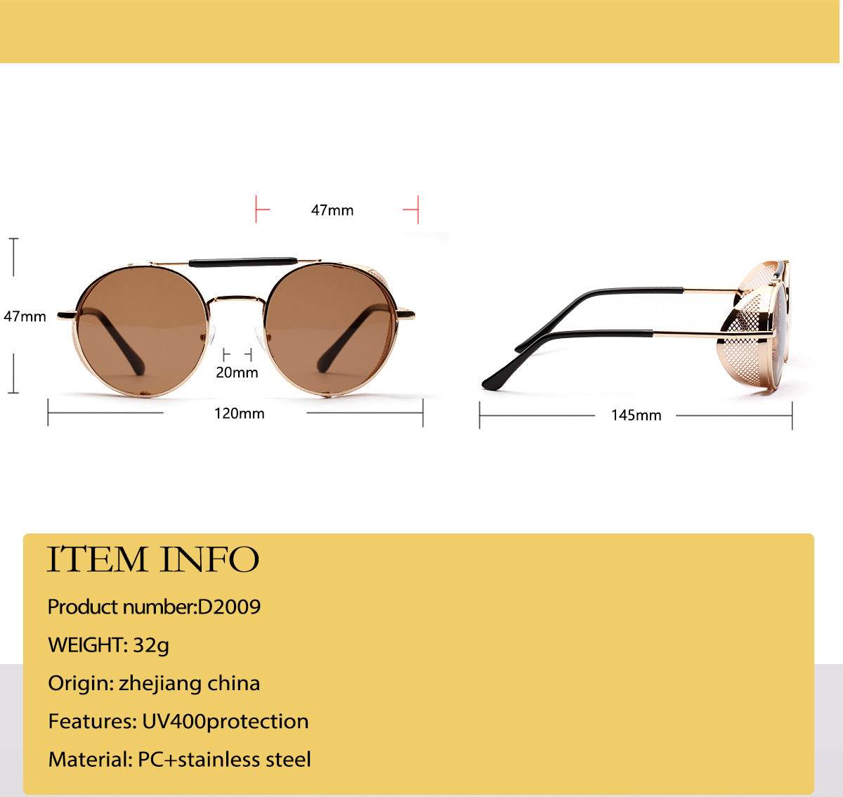 Sunglass Lover vintage round sunglasses for women gold metal frame brown lenses with side shields