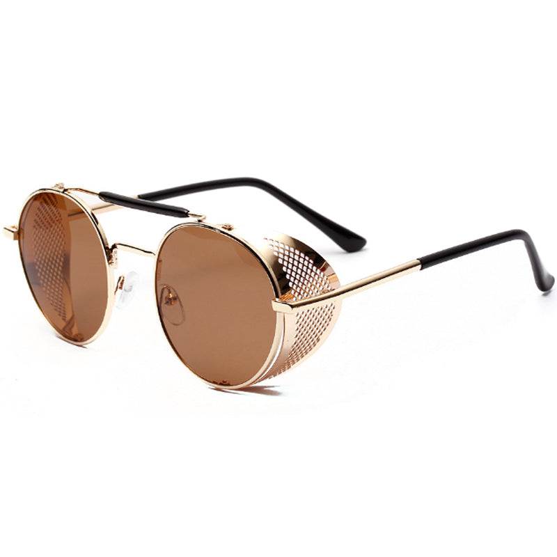 Sunglass Lover gold metal round sunglasses with brown lenses and perforated side shields vintage round sunglasses for women