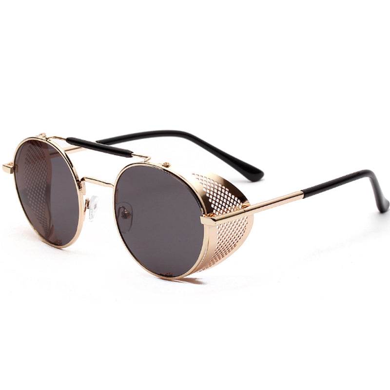 Sunglass Lover gold metal frame vintage round sunglasses for women with side mesh shields and dark lenses