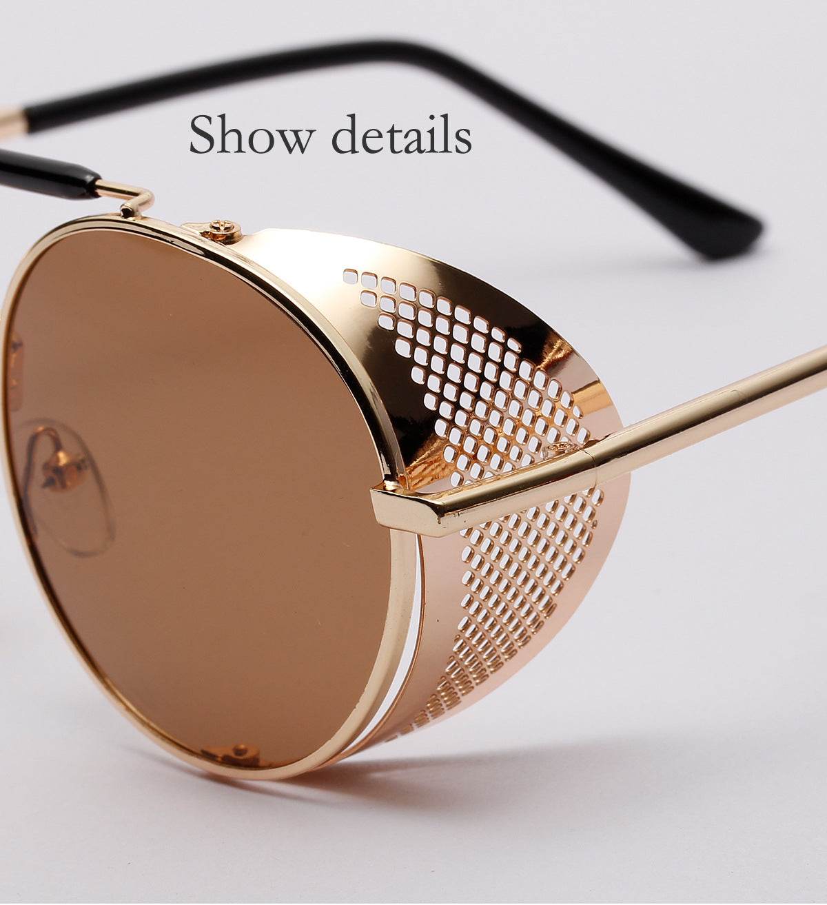 Sunglass Lover gold metal round sunglasses with brown lenses and lattice side shields vintage round sunglasses for women