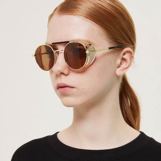 Sunglass Lover vintage round sunglasses for women gold frame brown lenses with mesh side shields