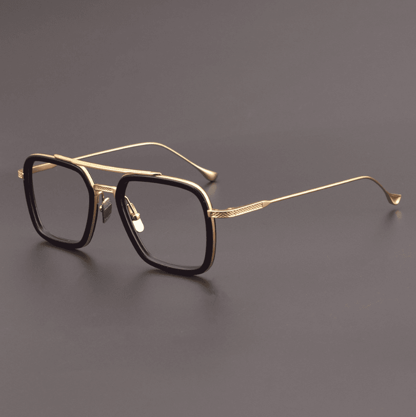 Sunglass Lover men's square eyeglass frames black acetate front with gold metal temples and adjustable nose pads