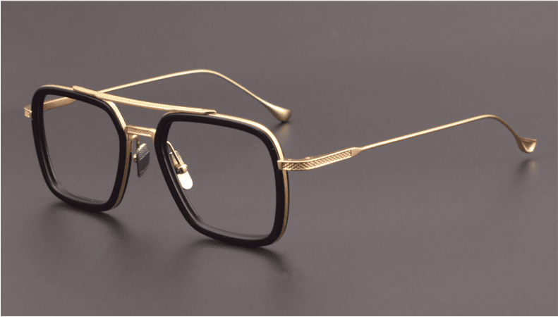 Sunglass Lover men's square eyeglass frames gold metal temples black acetate front with nose pads