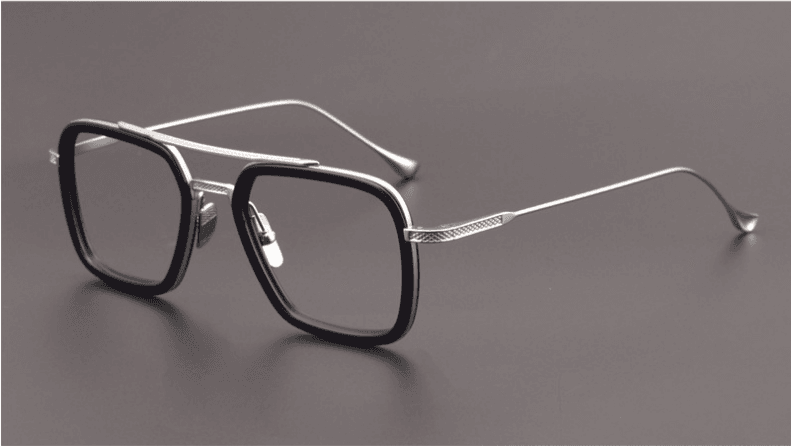 Sunglass Lover men's square eyeglass frames silver metal temples with black square rims and adjustable nose pads