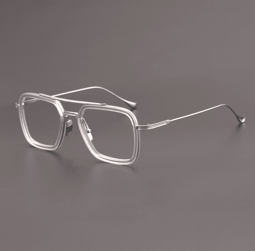 Sunglass Lover clear metal and acetate men's square eyeglass frames with thin temples and adjustable nose pads