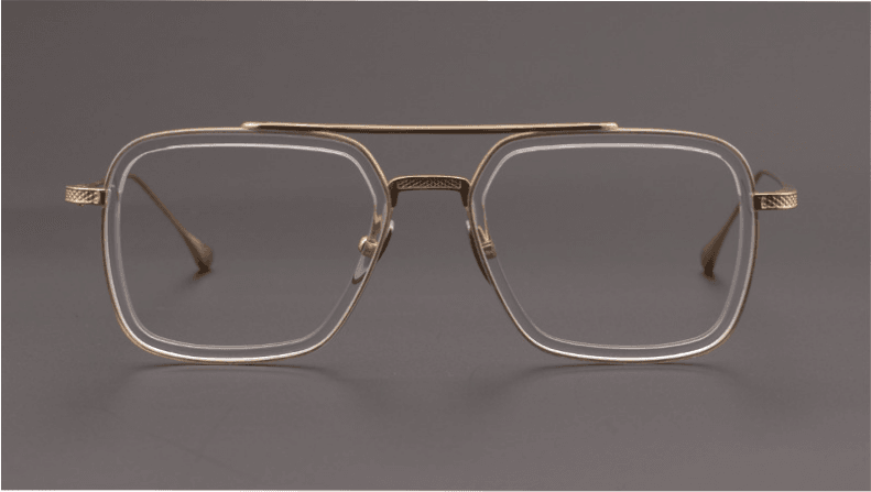 Sunglass Lover gold double bridge metal men's square eyeglass frames front view on gray background