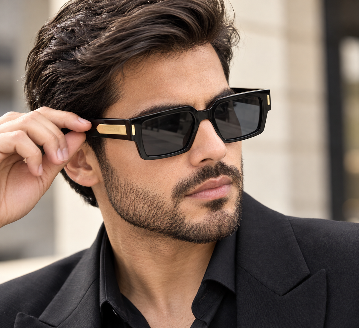 Men’s Black Rectangular Sunglasses | Premium Gold Accent