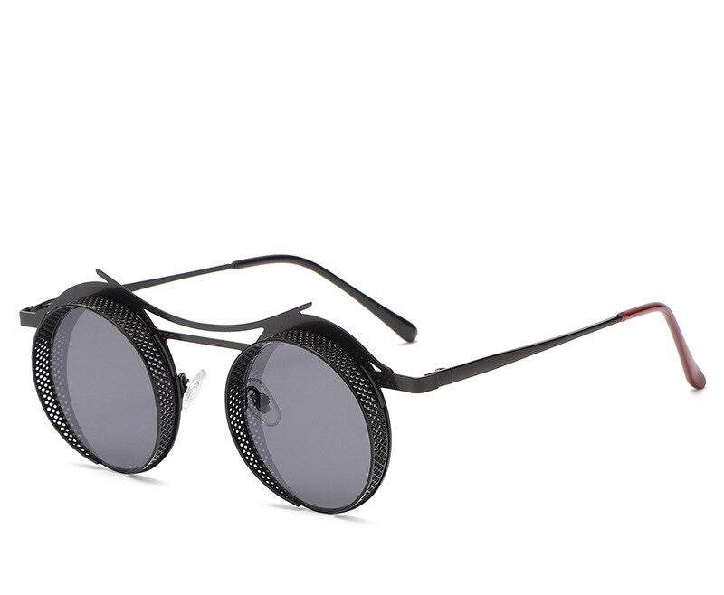 Sunglass Lover round steampunk sunglasses black metal perforated rims gray lenses double bridge