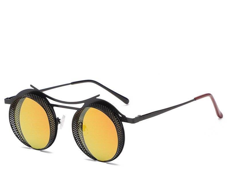 Sunglass Lover black metal round steampunk sunglasses with perforated side shields and gold mirror lenses