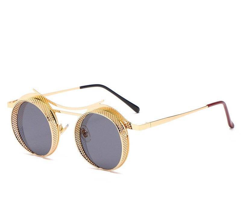 Sunglass Lover gold metal round steampunk sunglasses with textured rims gray lenses and double bridge