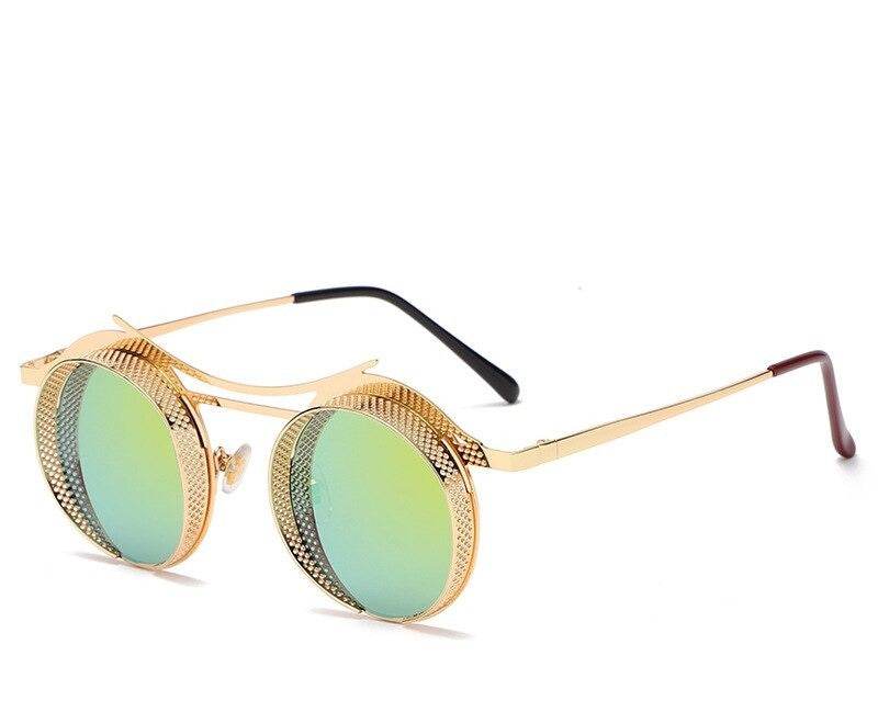 Sunglass Lover gold metal round steampunk sunglasses with green mirrored lenses and textured side shields